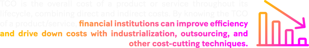 Image: TCO is the overall cost of a product or service throughout its lifecycle, combining direct and indirect costs. By knowing the TCO of a product or service, financial institutions can improve efficiency and drive down costs with industrialization, outsourcing, and other cost-cutting techniques.